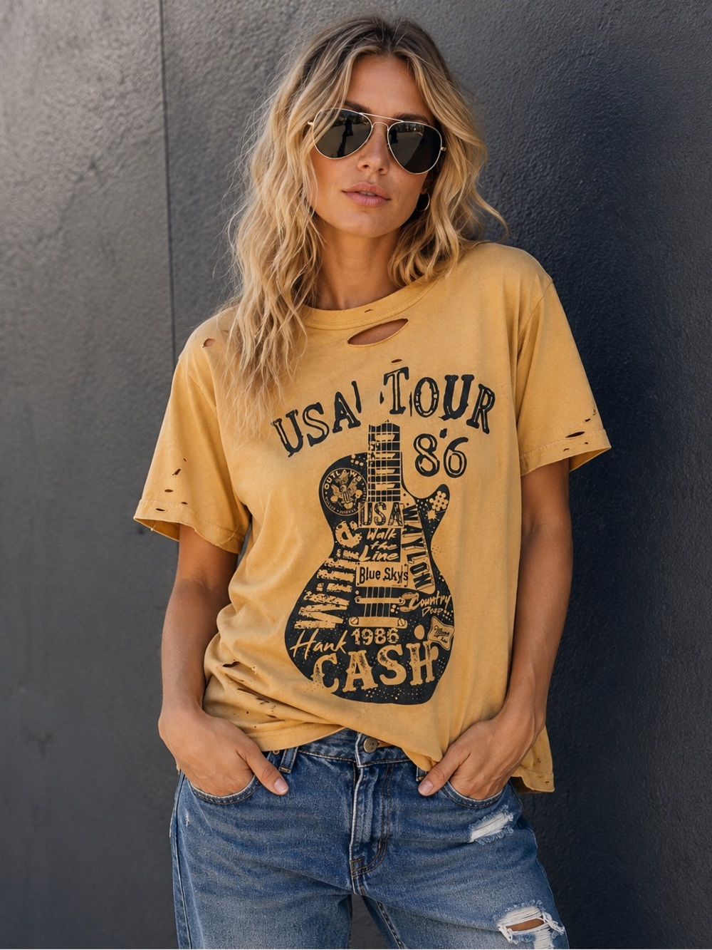 Johnny Cash USA Tour ’86 Distressed Graphic Band Tee Mustard Yellow Size M